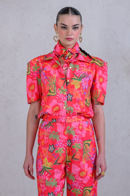 Shop_The Dramebaaz CO_Pink Art Twill Print Floral Stand Collar Wildflower Shirt With Pant _Online_at_Aza_Fashions
