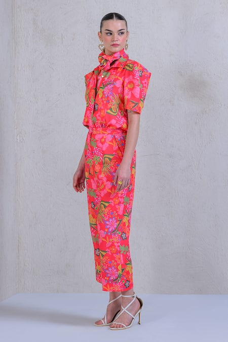 Buy_The Dramebaaz CO_Pink Art Twill Print Floral Stand Collar Wildflower Shirt With Pant 