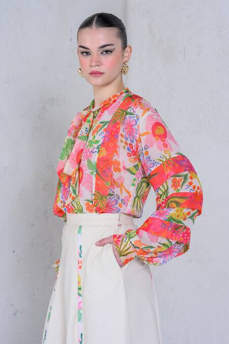 The Dramebaaz CO White Organza Print Floral Front Tie Botanic Magic Shirt With Skirt Online at Aza Fashions The Dramebaaz CO_White Organza Print Floral Front Tie Botanic Magic Shirt With Skirt _Online_at_Aza_Fashions