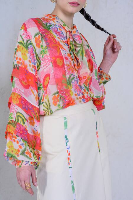 Buy The Dramebaaz CO White Organza Print Floral Front Tie Botanic Magic Shirt With Skirt Online at Aza Fashions Buy_The Dramebaaz CO_White Organza Print Floral Front Tie Botanic Magic Shirt With Skirt _Online_at_Aza_Fashions