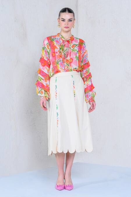 Buy The Dramebaaz CO White Organza Print Floral Front Tie Botanic Magic Shirt With Skirt Buy_The Dramebaaz CO_White Organza Print Floral Front Tie Botanic Magic Shirt With Skirt