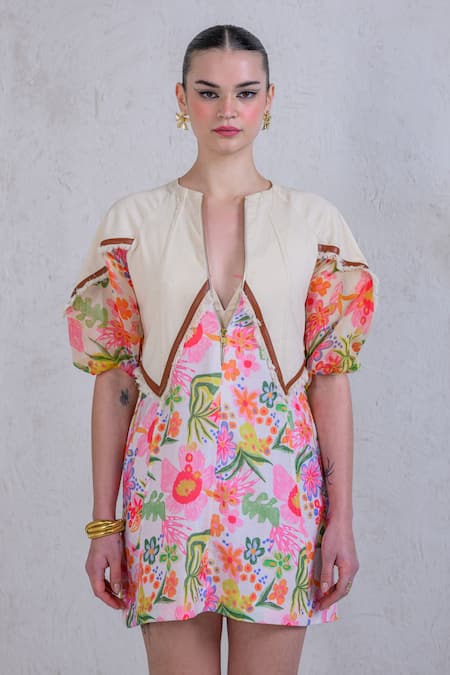 The Dramebaaz CO White Art Twill Print Floral Round Bloom Burst Dress Online at Aza Fashions The Dramebaaz CO_White Art Twill Print Floral Round Bloom Burst Dress _Online_at_Aza_Fashions