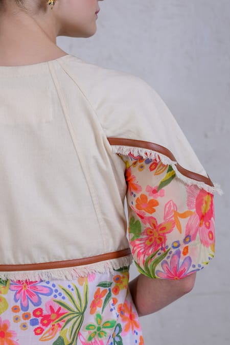 Shop The Dramebaaz CO White Art Twill Print Floral Round Bloom Burst Dress Online at Aza Fashions Shop_The Dramebaaz CO_White Art Twill Print Floral Round Bloom Burst Dress _Online_at_Aza_Fashions