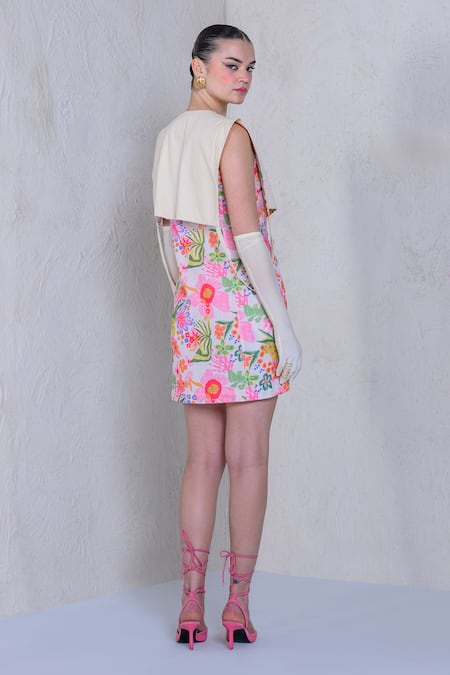 The Dramebaaz CO_White Art Twill Print Floral V-neck Daisy Dazzle Dress _Online_at_Aza_Fashions