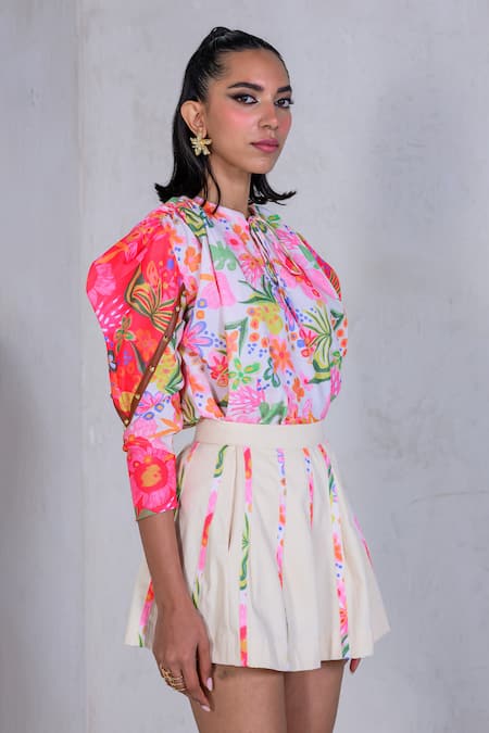 Buy The Dramebaaz CO White Art Twill Print Floral Front Tie Pixie Petal Mix Top With Panelled Skirt Online at Aza Fashions Buy_The Dramebaaz CO_White Art Twill Print Floral Front Tie Pixie Petal Mix Top With Panelled Skirt _Online_at_Aza_Fashions