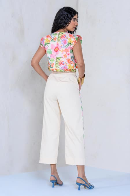 The Dramebaaz CO_White Art Twill Print Floral V-neck Fairy Floss Crop Top With Pant _Online_at_Aza_Fashions