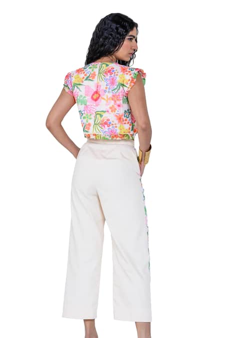 Buy_The Dramebaaz CO_White Art Twill Print Floral V-neck Fairy Floss Crop Top With Pant _Online_at_Aza_Fashions