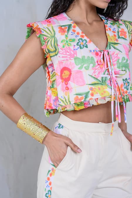 The Dramebaaz CO_White Art Twill Print Floral V-neck Fairy Floss Crop Top With Pant _at_Aza_Fashions