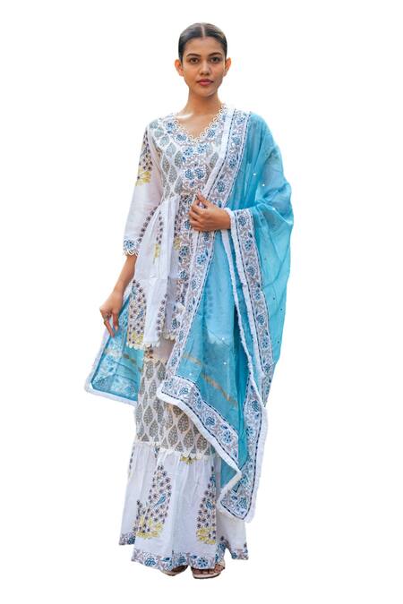 Maison Shefali_Ivory Cotton, Chanderi, Kota Doria Lace V-neck Gathered Kurta Sharara Set _Online_at_Aza_Fashions