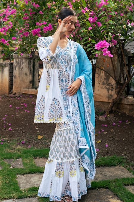 Shop_Maison Shefali_Ivory Cotton, Chanderi, Kota Doria Lace V-neck Gathered Kurta Sharara Set 