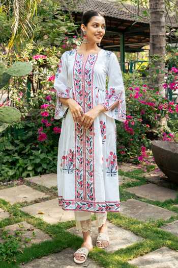 Buy Maison Shefali Ivory Cotton, Chanderi, Kota Doria Lace, Hand Block Print Kurta And Pant Set Online at Aza Fashions Buy_Maison Shefali_Ivory Cotton, Chanderi, Kota Doria Lace, Hand Block Print Kurta And Pant Set _Online_at_Aza_Fashions