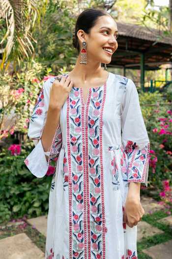 Shop Maison Shefali Ivory Cotton, Chanderi, Kota Doria Lace, Hand Block Print Kurta And Pant Set Online at Aza Fashions Shop_Maison Shefali_Ivory Cotton, Chanderi, Kota Doria Lace, Hand Block Print Kurta And Pant Set _Online_at_Aza_Fashions