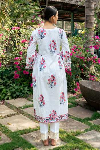 Shop Maison Shefali Ivory Cotton, Chanderi, Kota Doria Lace, Hand Block Print Kurta And Pant Set at Aza Fashions Shop_Maison Shefali_Ivory Cotton, Chanderi, Kota Doria Lace, Hand Block Print Kurta And Pant Set _at_Aza_Fashions