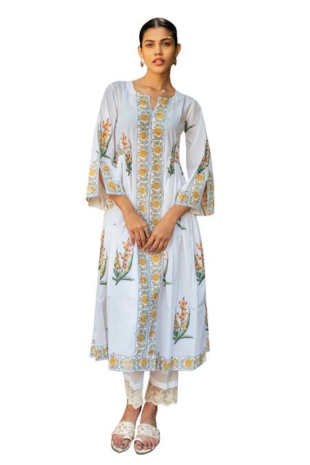 Maison Shefali_Ivory Cotton, Chanderi, Kota Doria Floral Hand Block Print Kurta And Pant Set _Online_at_Aza_Fashions