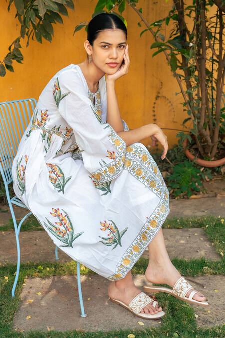 Shop_Maison Shefali_Ivory Cotton, Chanderi, Kota Doria Floral Hand Block Print Kurta And Pant Set 