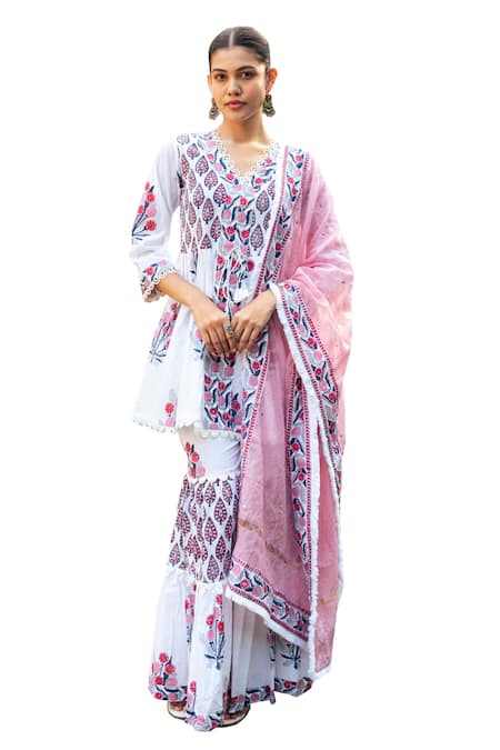 Maison Shefali_Ivory Cotton, Chanderi, Kota Doria Lace, Embroidery V-neck Tiered Sharara Set _Online_at_Aza_Fashions