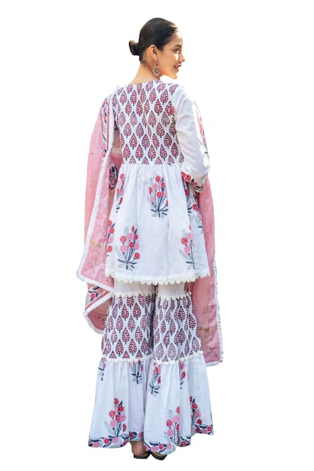 Shop_Maison Shefali_Ivory Cotton, Chanderi, Kota Doria Lace, Embroidery V-neck Tiered Sharara Set _Online_at_Aza_Fashions