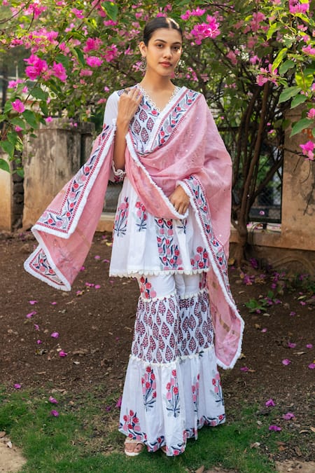 Maison Shefali_Ivory Cotton, Chanderi, Kota Doria Lace, Embroidery V-neck Tiered Sharara Set _at_Aza_Fashions