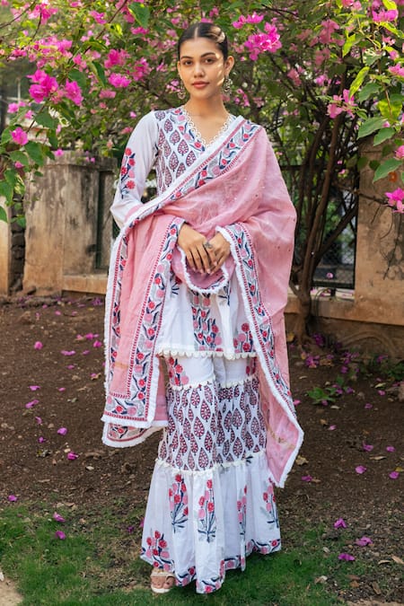 Shop_Maison Shefali_Ivory Cotton, Chanderi, Kota Doria Lace, Embroidery V-neck Tiered Sharara Set 