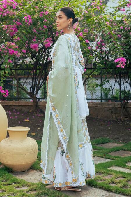 Maison Shefali_Ivory Cotton, Chanderi, Kota Doria Lace Floral Boota Print Kurta Sharara Set _Online_at_Aza_Fashions