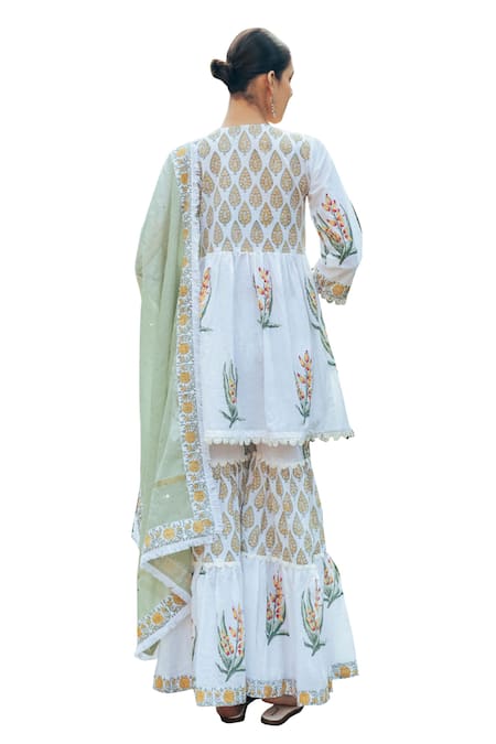 Buy_Maison Shefali_Ivory Cotton, Chanderi, Kota Doria Lace Floral Boota Print Kurta Sharara Set _Online_at_Aza_Fashions