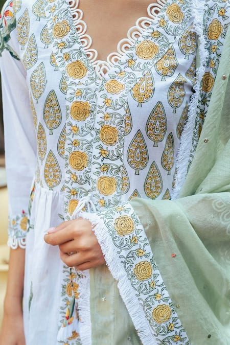 Maison Shefali_Ivory Cotton, Chanderi, Kota Doria Lace Floral Boota Print Kurta Sharara Set _at_Aza_Fashions