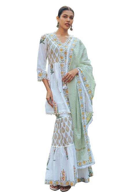 Shop_Maison Shefali_Ivory Cotton, Chanderi, Kota Doria Lace Floral Boota Print Kurta Sharara Set 
