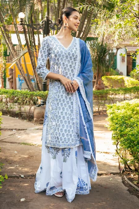 Maison Shefali Hand Block Print Panelled Kurta Skirt Set 