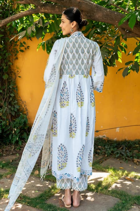 Shop_Maison Shefali_Ivory Cotton, Chanderi, Kota Doria Lace, Embroidery Hand Block Print Kurta Set _at_Aza_Fashions