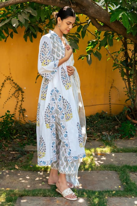 Maison Shefali_Ivory Cotton, Chanderi, Kota Doria Lace, Embroidery Hand Block Print Kurta Set _Online_at_Aza_Fashions