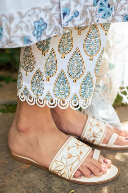 Buy_Maison Shefali_Ivory Cotton, Chanderi, Kota Doria Lace, Embroidery Hand Block Print Kurta Set _Online_at_Aza_Fashions