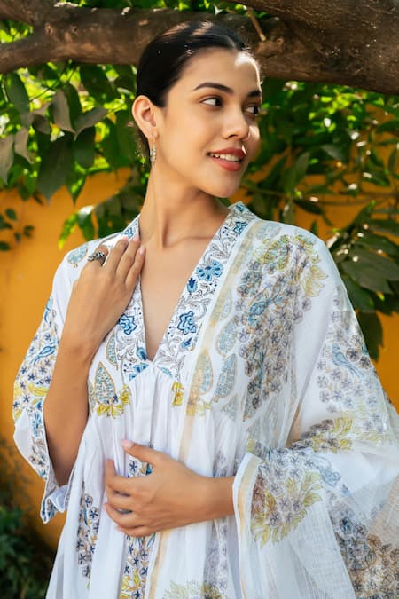 Shop_Maison Shefali_Ivory Cotton, Chanderi, Kota Doria Lace, Embroidery Hand Block Print Kurta Set _Online_at_Aza_Fashions