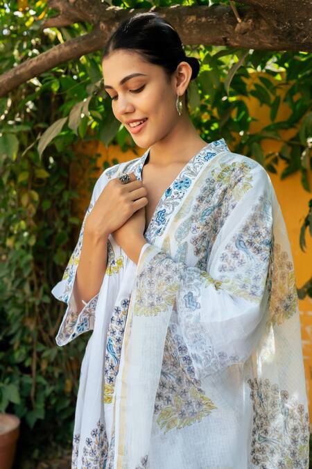 Maison Shefali_Ivory Cotton, Chanderi, Kota Doria Lace, Embroidery Hand Block Print Kurta Set _at_Aza_Fashions