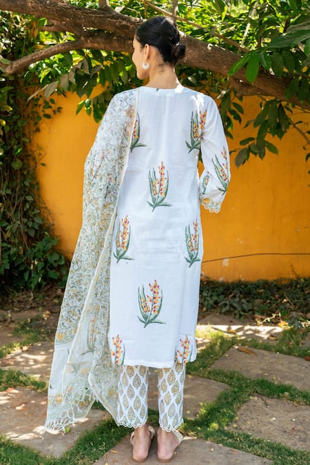 Shop Maison Shefali Ivory Cotton, Chanderi, Kota Doria Lace Hand Block Print Gathered Kurta Pant Set at Aza Fashions Shop_Maison Shefali_Ivory Cotton, Chanderi, Kota Doria Lace Hand Block Print Gathered Kurta Pant Set _at_Aza_Fashions