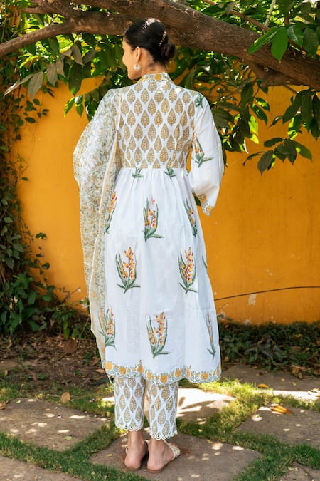 Shop_Maison Shefali_Ivory Cotton, Chanderi, Kota Doria Lace, Hand Block Print Kurta Pant Set _at_Aza_Fashions