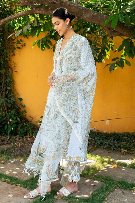 Buy_Maison Shefali_Ivory Cotton, Chanderi, Kota Doria Lace, Hand Block Print Kurta Pant Set _Online_at_Aza_Fashions