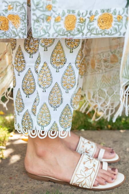 Maison Shefali_Ivory Cotton, Chanderi, Kota Doria Lace, Hand Block Print Kurta Pant Set _at_Aza_Fashions