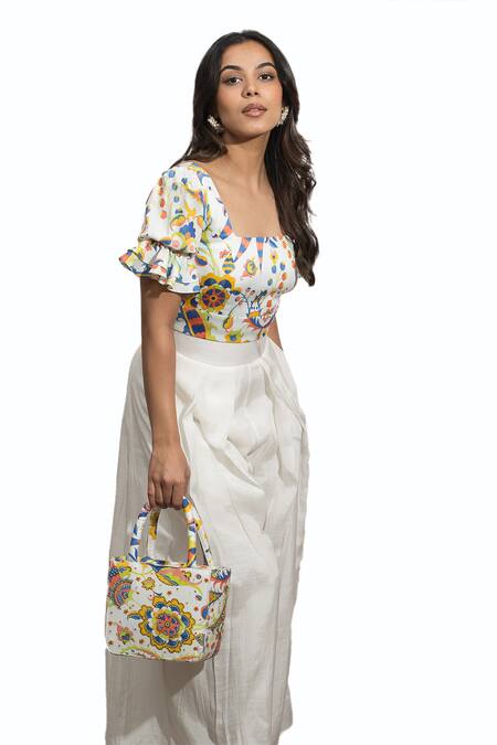 Shop_Ozel_White Cotton Printed Leaf Square Crop Top And Pant Set _Online_at_Aza_Fashions