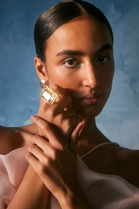 Shop_Voyce Jewellery_Gold Plated Stones Radiance Swarovski Embellished Geometric Ring _Online_at_Aza_Fashions