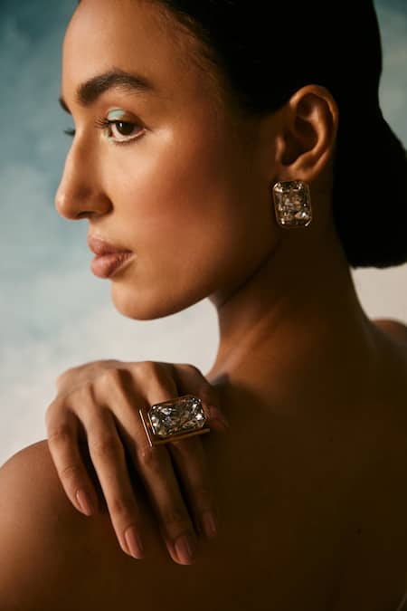 Voyce Jewellery_Gold Plated Stones Radiance Swarovski Embellished Geometric Ring _at_Aza_Fashions