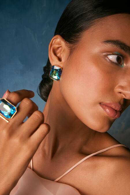 Shop_Voyce Jewellery_Blue Stones Radiance Swarovski Embellished Cocktail Ring _Online_at_Aza_Fashions
