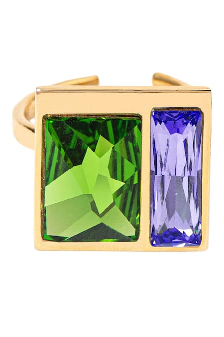 Shop_Voyce Jewellery_Green Stones Two Swarovski Embellished Ring _at_Aza_Fashions