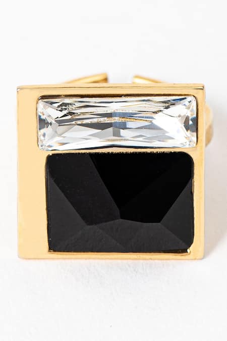 Shop_Voyce Jewellery_Black Stones Two Swarovski Work Ring _at_Aza_Fashions