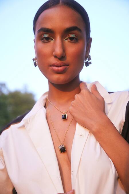 Voyce Jewellery_Black Two Tone Swarovski Embellished Necklace _Online_at_Aza_Fashions