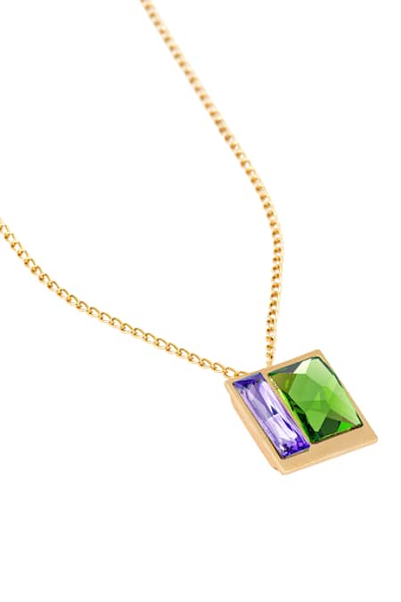 Shop_Voyce Jewellery_Green Two Tone Geometric Swarovski Embellished Necklace _at_Aza_Fashions