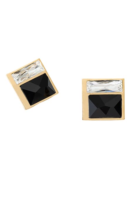 Shop_Voyce Jewellery_Black Stones Fusion Swarovski Square Stud Earrings _at_Aza_Fashions