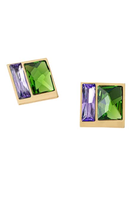 Shop_Voyce Jewellery_Green Stones Fusion Swarovski Embellished Stud Earrings _at_Aza_Fashions
