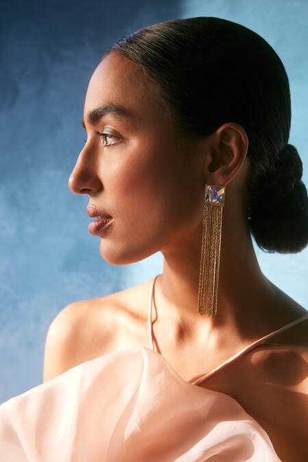 Voyce Jewellery White Stones Fusion Swarovski Embellished Tassel Earrings Online at Aza Fashions Voyce Jewellery_White Stones Fusion Swarovski Embellished Tassel Earrings _Online_at_Aza_Fashions