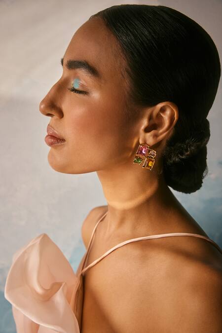 Shop_Voyce Jewellery_Multi Color Stones Infinity Swarovski Embellished Square Earrings _Online_at_Aza_Fashions