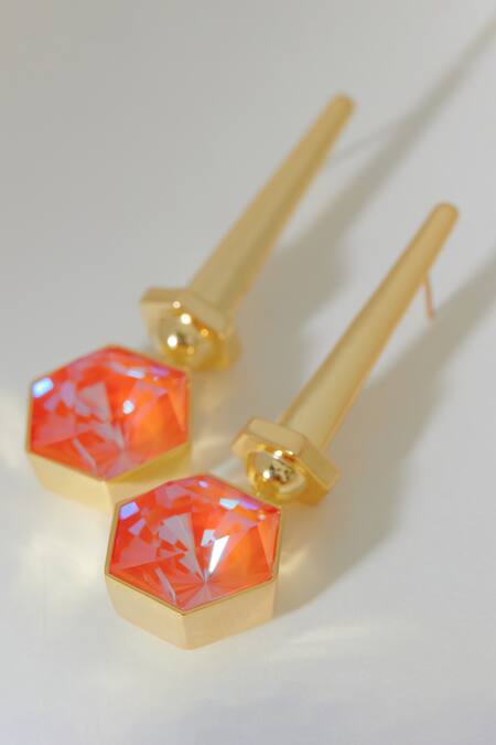 Buy Voyce Jewellery Orange Stones Hexa Crystal Embellished Drop Earrings Online at Aza Fashions Buy_Voyce Jewellery_Orange Stones Hexa Crystal Embellished Drop Earrings _Online_at_Aza_Fashions